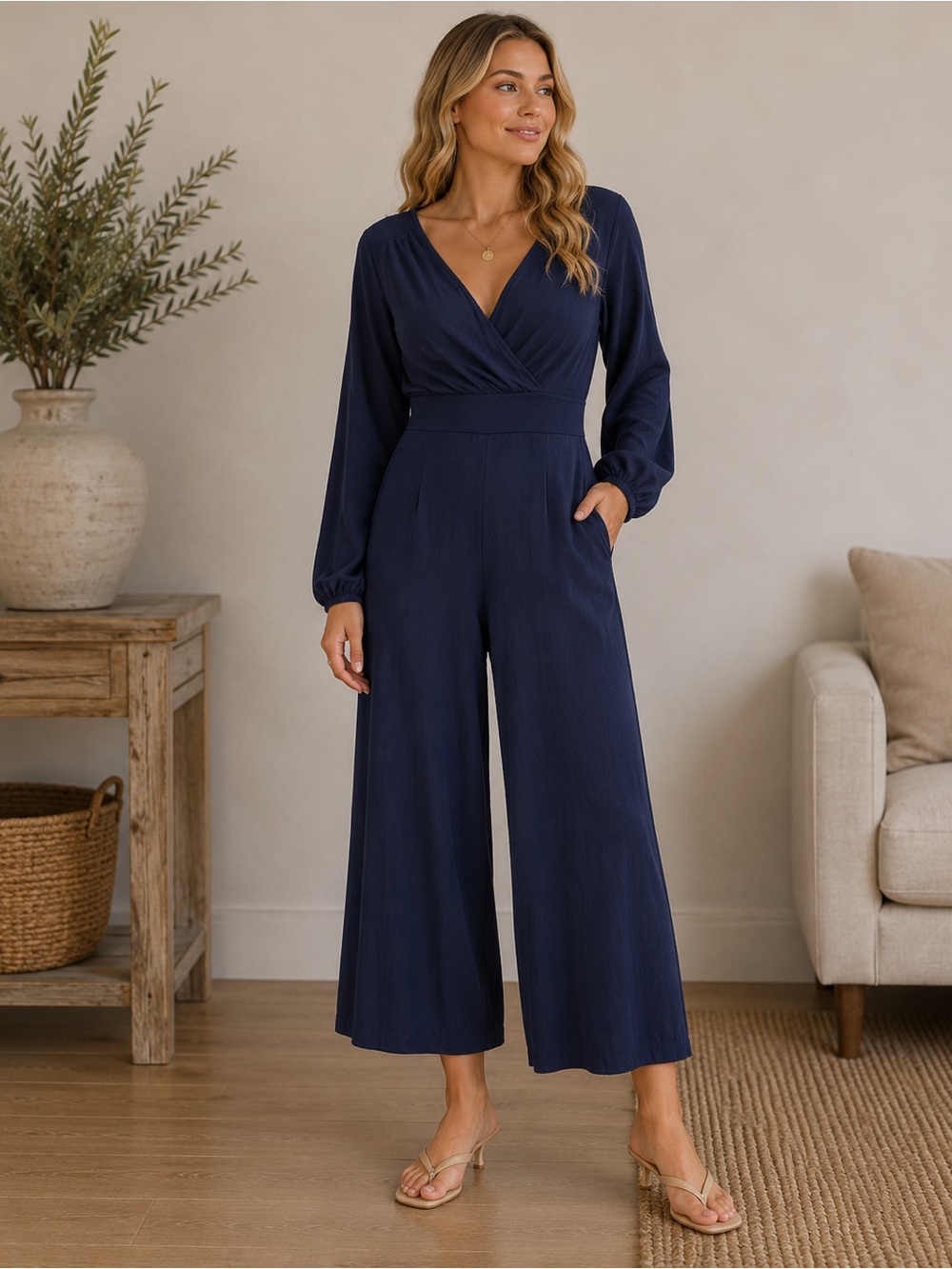 Soft Surroundings Navy Maxi Jumpsuit | V-Neck Long Sleeve Flowy Navy Blue Small